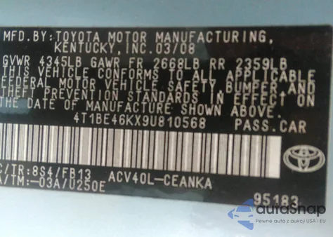 2009 Toyota Camry Se/Le/Xle from USA, damaged, VIN 4T1BE46KX9U810568